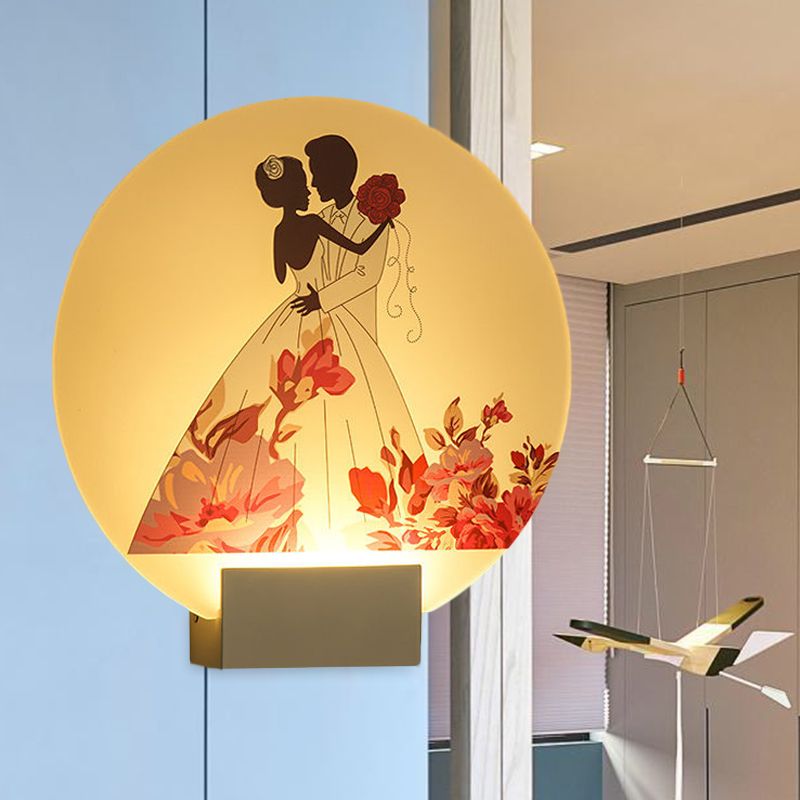 White Circular Romantic Couple Wall Lighting Asia Style LED Acrylic Wall Mural Lamp for Wedding Room