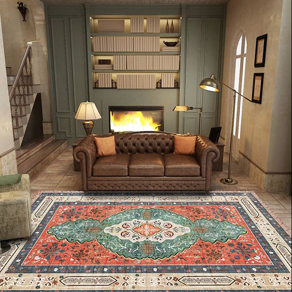 Red Bohemian Area Carpet Polyester Tribal Pattern Area Rug Stain Resistant Rug for Home Decor