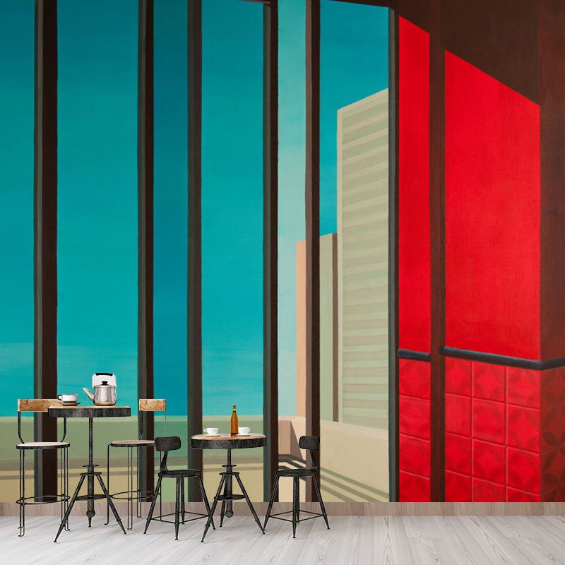 Contemporary Window Painting Murals Red-Blue Waterproofing Wall Art for Living Room