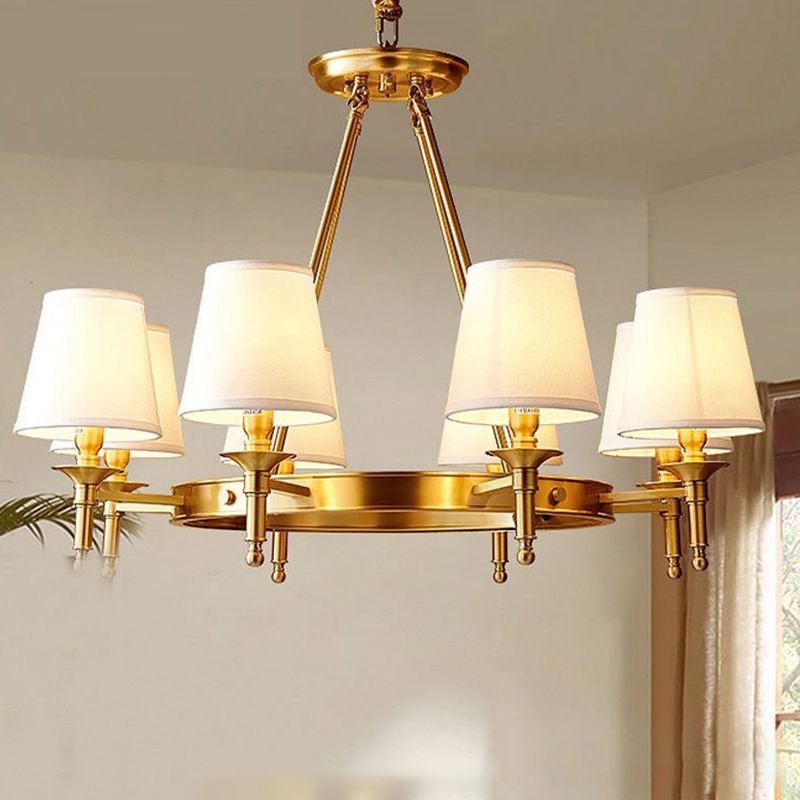 Post-Modern Circular Hanging Chandelier Light White Fabric Shade Ceiling Chandelier in Gold for Living Room