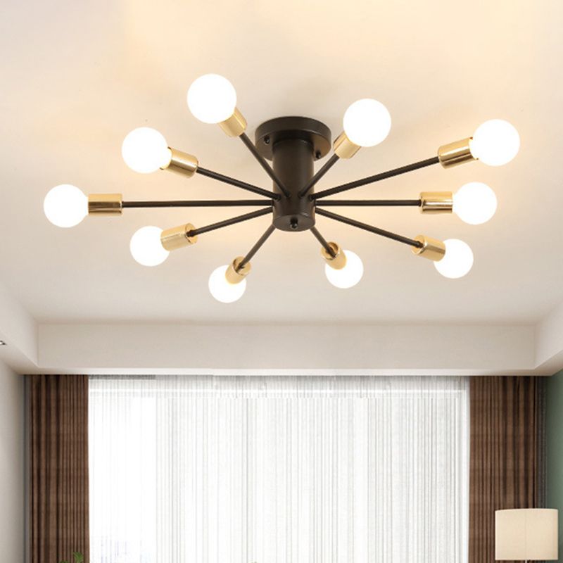 6/8 Heads Bare Bulb Semi Flush Mount Light Vintage Style Black/White Metallic Ceiling Light Fixture for Kitchen