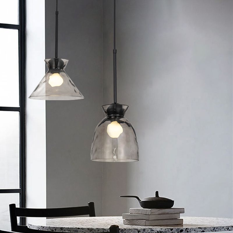 Ripple Glass Black Hanging Lamp in Modern Style Lacquered Iron Pendant Light for Dining Room
