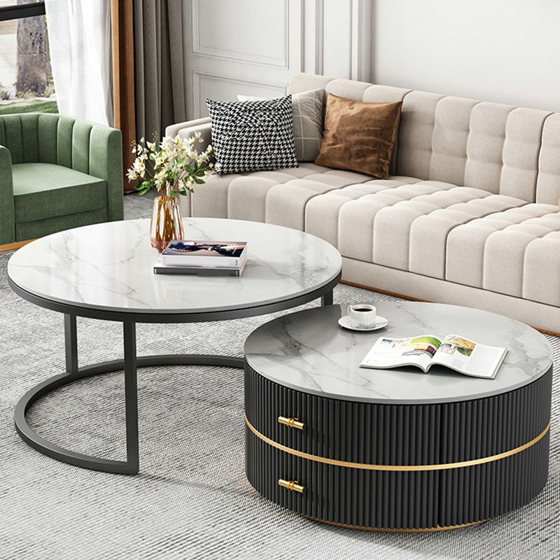 Round Slate Coffee Table Set Frame Cocktail Table with 2 Storage Drawers