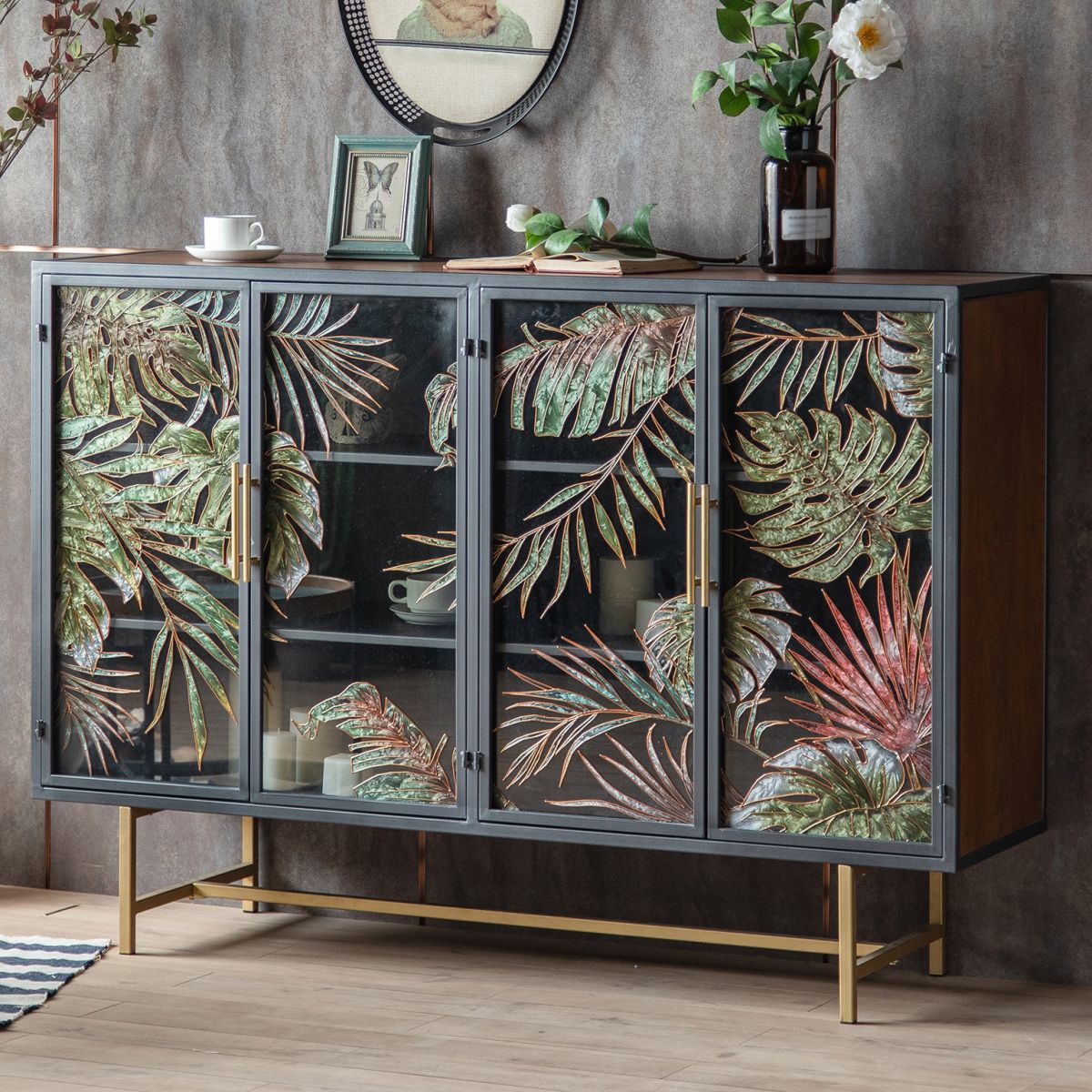 Traditional Wooden China Cabinet Glass Doors Display Stand with Doors