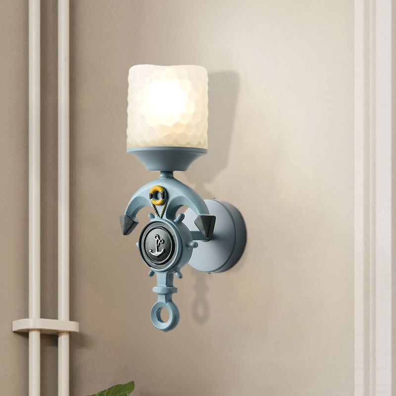 Anchor Resin Wall Lighting Fixture Modernism 1 Bulb Blue Wall Mount Light with Cylindrical Dimpled Glass Shade