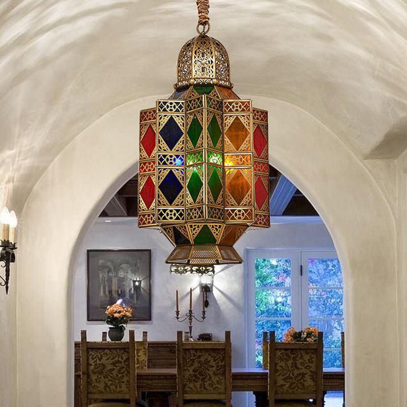 Lantern Stained Glass Hanging Light Fixture Art Deco 3 Bulbs Corridor Pendant Chandelier in Brass with Carved Design
