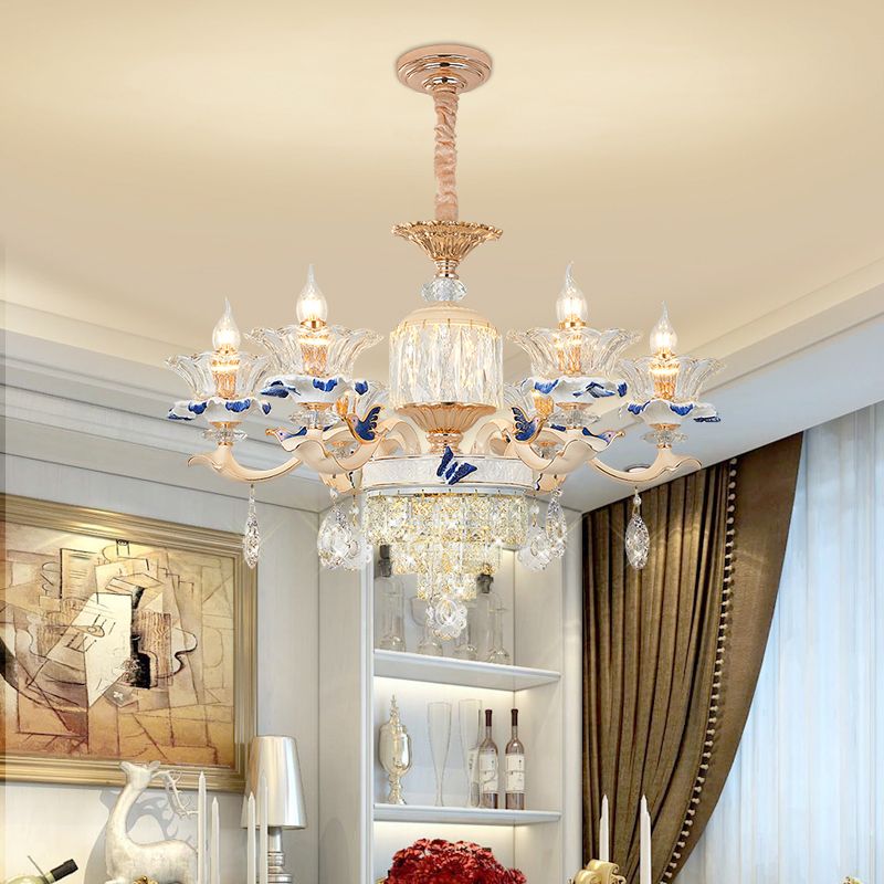 Flower Ribbed Glass Suspension Light Retro Style Living Room Chandelier Light with Crystal Draping in White