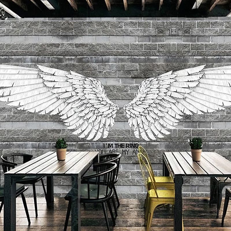 Retro Wing and Stripe Mural for Living Room, Custom-Printed Wall Decor in Grey