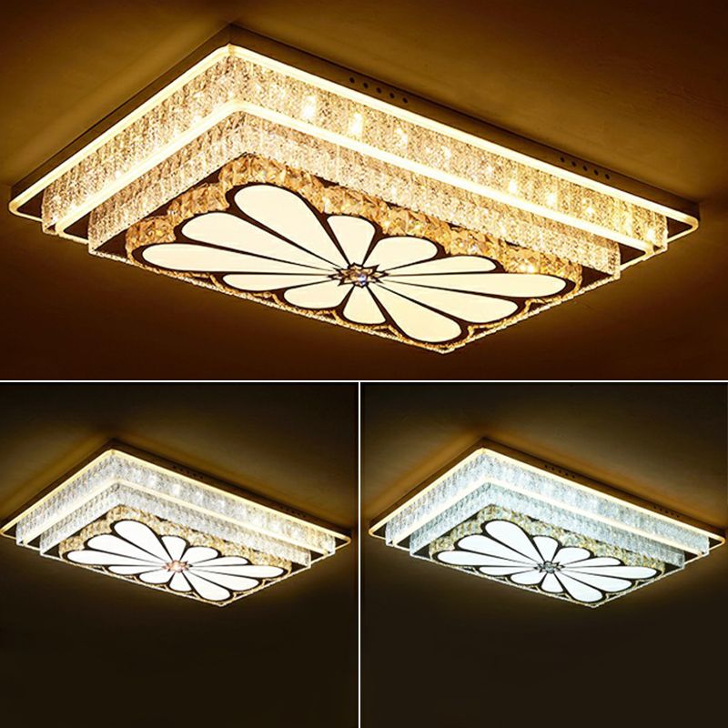 Contemporary Rectangle LED Flush Mount K9 Crystal Living Room Ceiling Light Fixture in Clear