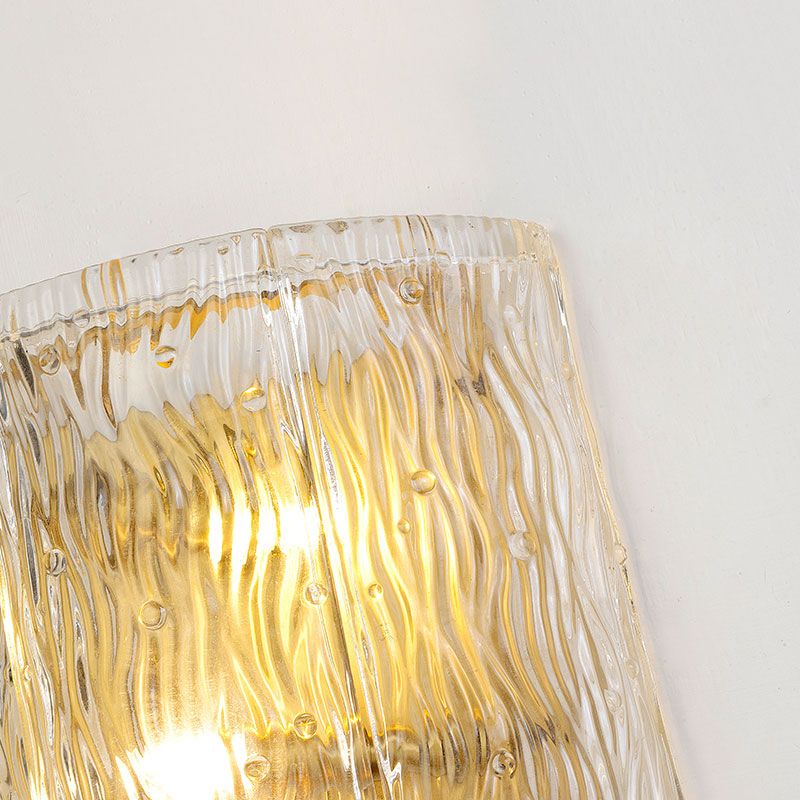 Half-Cylinder Wall Sconce Fixture Modernism Clear Ripple Glass 2 Lights Hallway Wall Lighting in Gold Finish