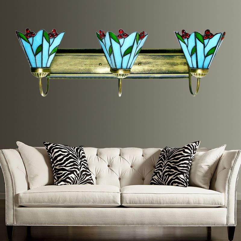 Blue Lily Sconce Light Tiffany 3 Heads Multicolor Stained Glass Wall Mounted Light for Living Room