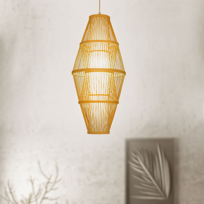 1 Head Dining Room Hanging Lamp with Woven Bamboo Shade Modern Style Beige Suspended Light