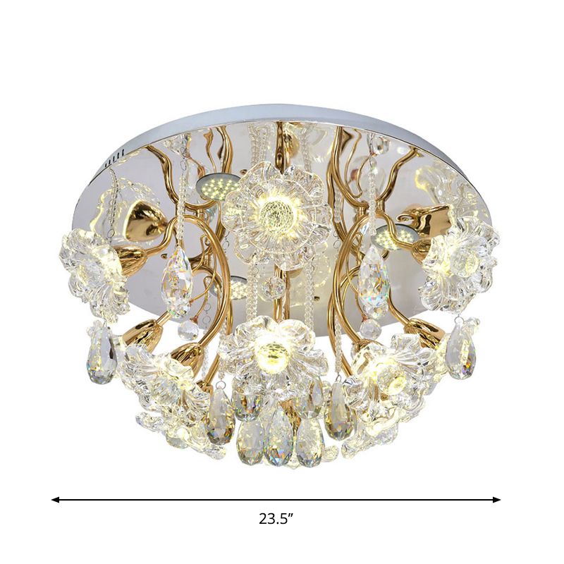Gold LED Lighting Fixture Traditional Clear Crystal Floral Shade Flush Mount Lamp with Droplet