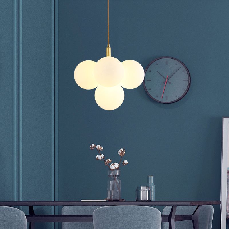 5 Heads Globe Suspension Light Simple Style Brass White Glass Chandelier