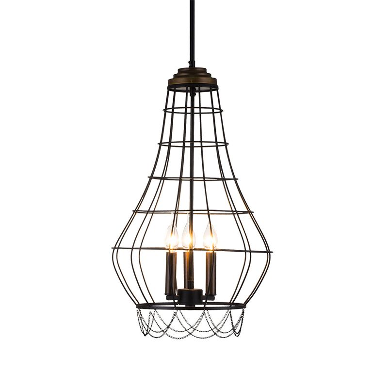 Metal Candle Hanging Chandelier Traditional 3 Lights Living Room Pendant Light with Cage