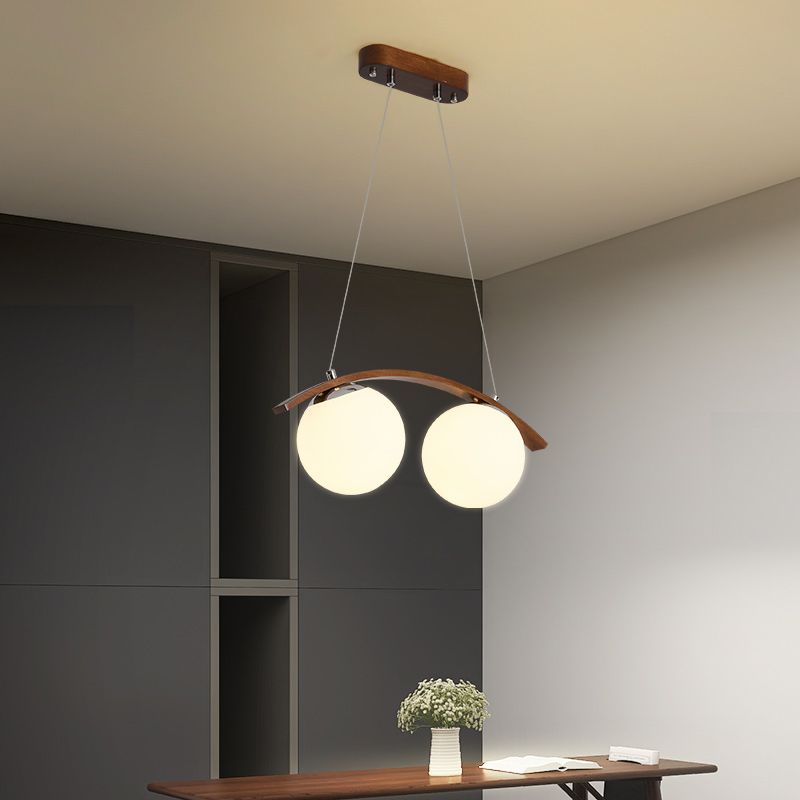 Modern Wooden Island Light Round Glass Shade Chandelier Light Fixture for Dining Room