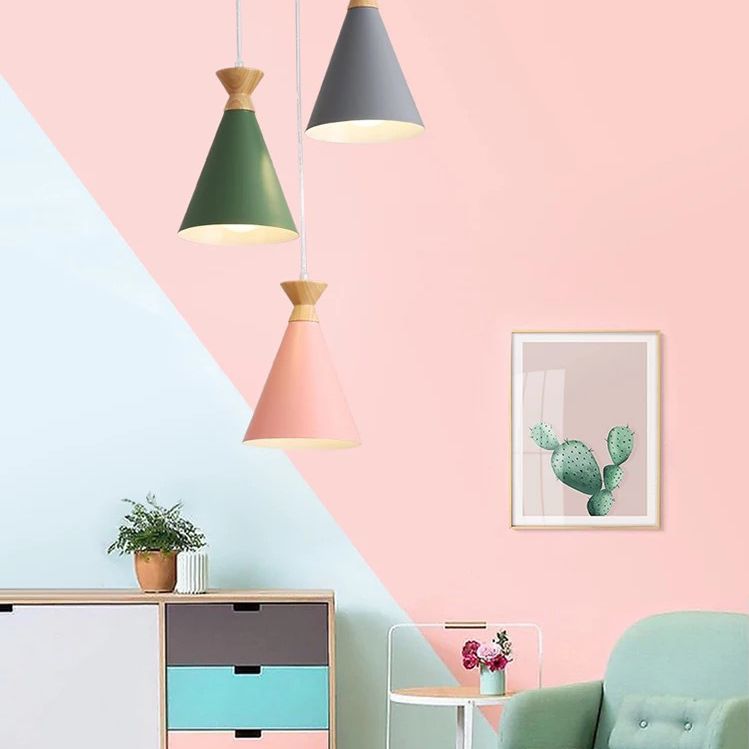 Minimalismo Nordico Macca a sospensione Luce sospesa con tonalità conica in metallo singolo lampadina in legno mini da letto