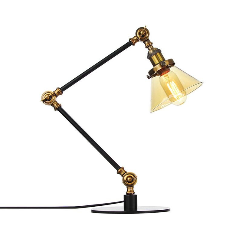 Table conique de style industriel clair Ambre / verre transparent et métal 1 lampe de table de chambre à coucher légère avec bras réglable en noir / laiton