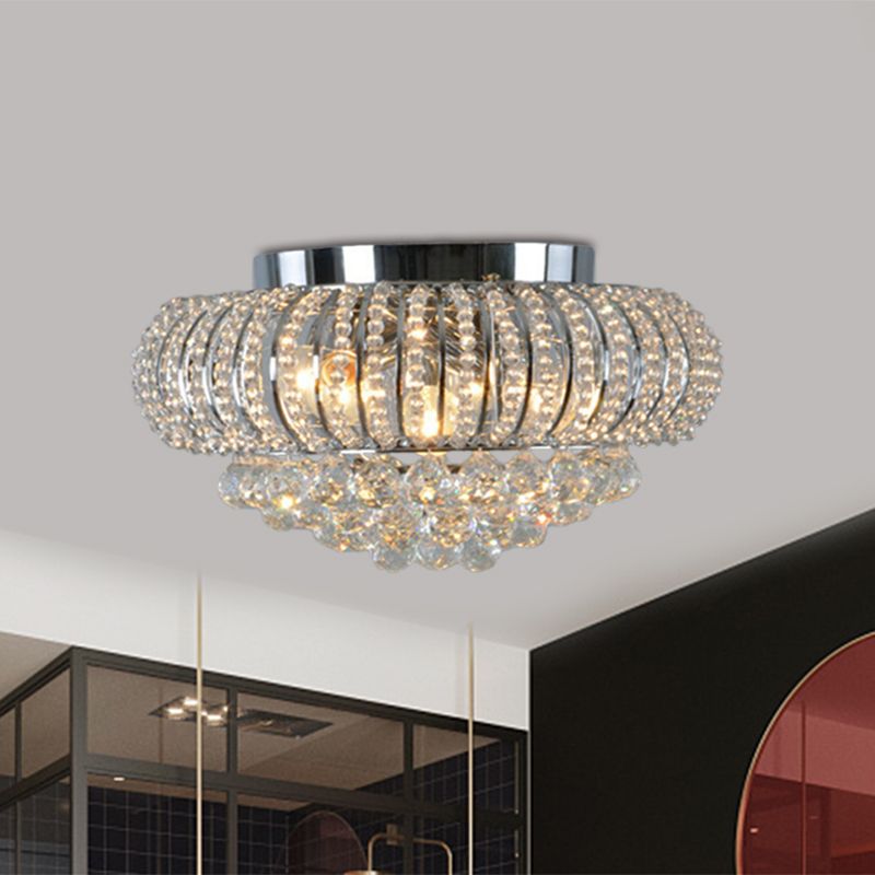 Oval Faceted Crystal Flush Mount Light Modernism 3 Heads Living Room Ceiling Lighting in Chrome