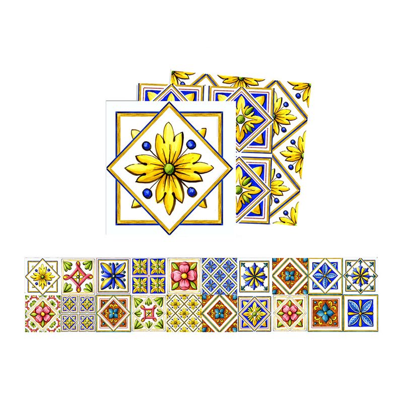 Flowers Tile Stick Wallpaper Panels Bohemia Exotic Seamless Pattern Wall Decor in Yellow-Blue, 8.6-sq ft
