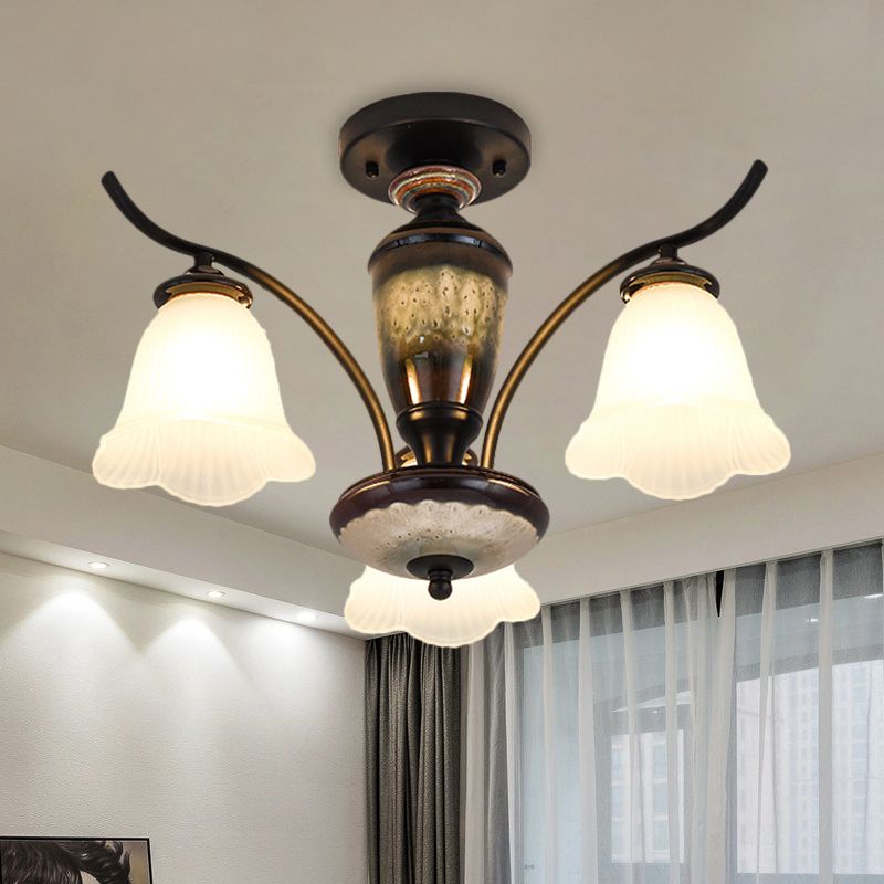 Country Flower Semi Flush 3/6/8 Heads Opal Ribbed Glass Flush Mount Ceiling Light in Black