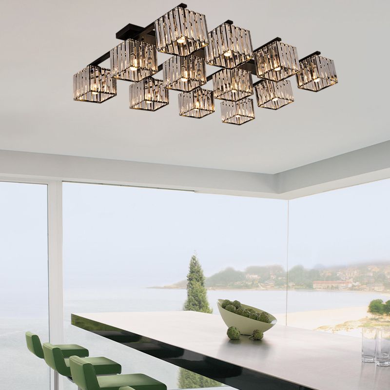 Accesorio de techo para sala de estar, barra de cristal de tres lados, cuadrado moderno, semiempotrado, 4/6/9 luces, en dorado/negro