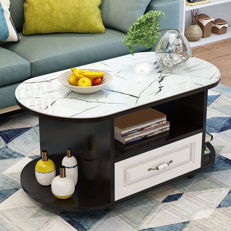modern oval gals top coffee table with shelf and drawer and Casters