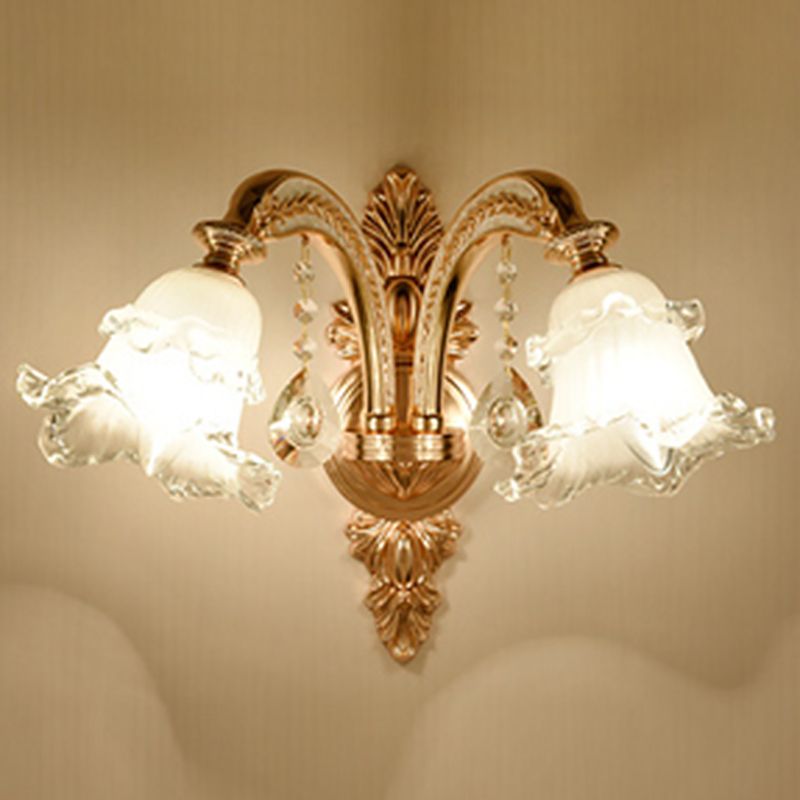 Floral Glass Wall Lighting Fixture Traditional 2-Light Corridor Wall Mount Lamp in Gold
