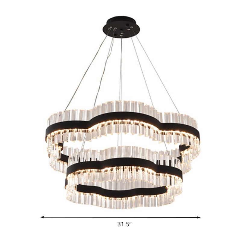 1/2 Tiers Flower Living Room Ceiling Chandelier Crystal 23.5"/31.5" Wide Led Minimalist Hanging Light Kit in Black/Gold