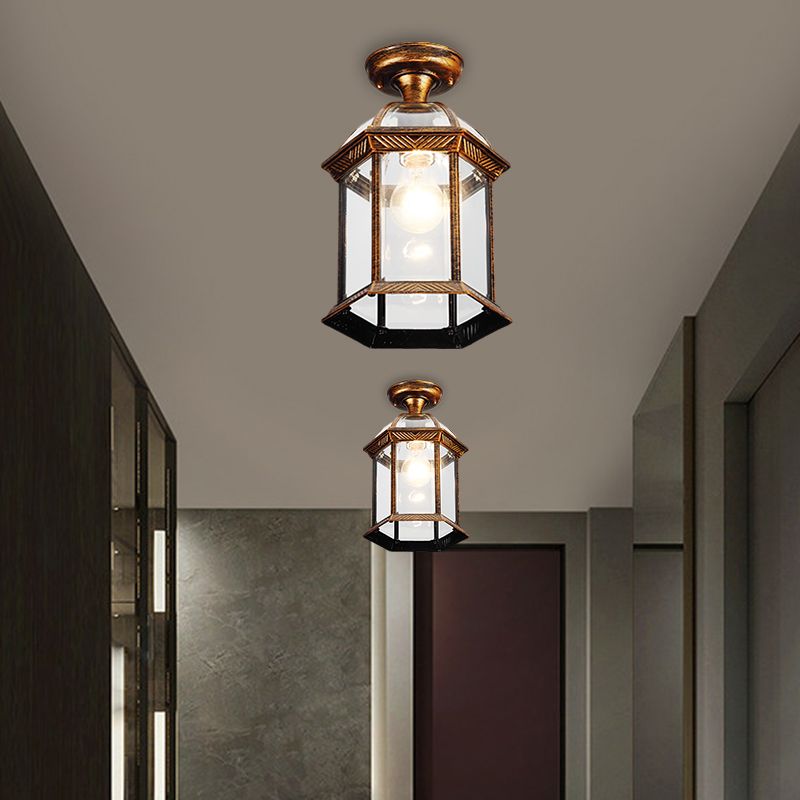 Lanterne de plafond en verre transparent noir/laiton, éclairage semi-montage traditionnel à ampoule unique, 8"/9,5" de large