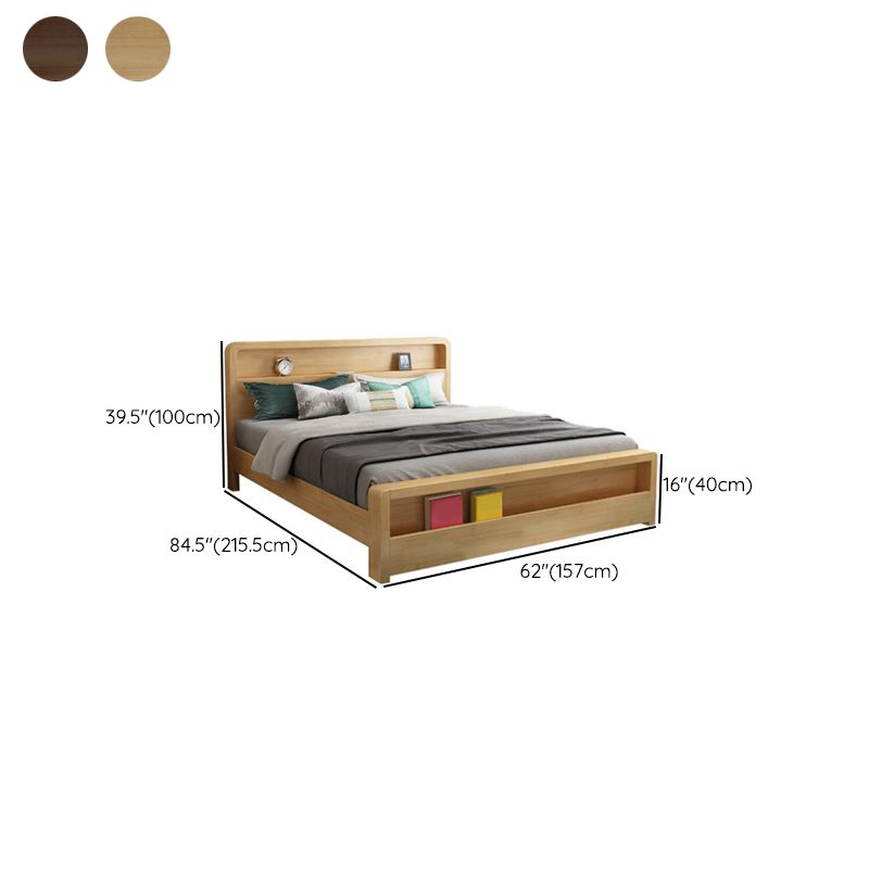 Traditional Standard Bed Pine Wood Panel Rectangular Bed Frame in Natural and Walnut