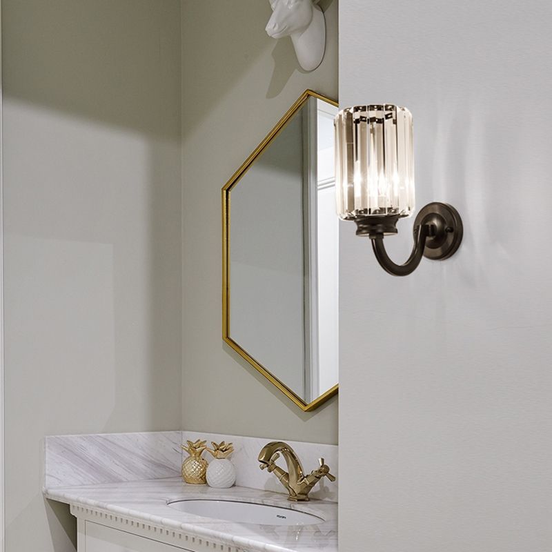 Clear Crystal Drum Wall Lamp Modernist 1 Light Sconce Light Fixture with Metal Curved Arm in Black