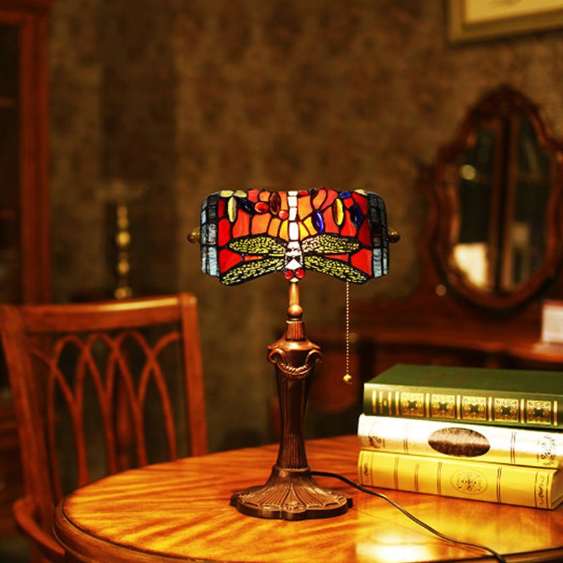 1 Light Banker Desk Lampada Mediterranea Dragonfly Taglia a mano Copriata Accensione del tavolo a catena in rosso