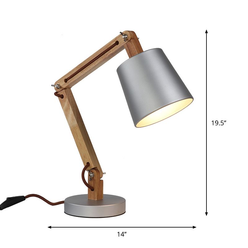 Lampada da scrivania moderna con paralume a secchiello in argento, lampada da lettura moderna in metallo a 1 luce con braccio oscillante in legno