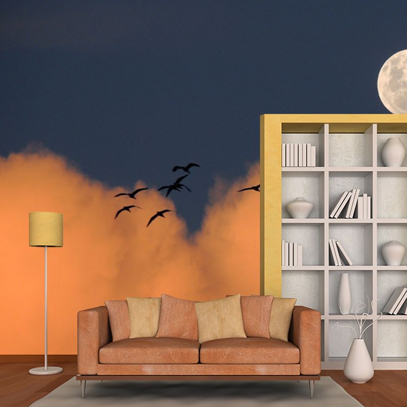 Modern Dusk Scenery Mural in Yellow-Blue Bird Flock and Moon Wall Art for Bedroom
