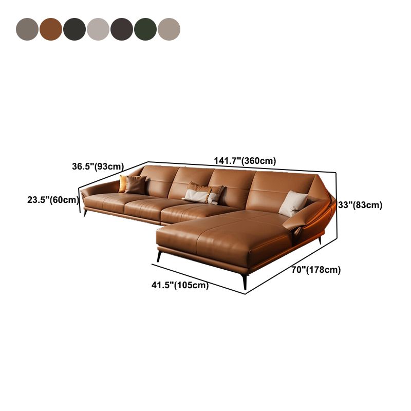 Glam Sofa Chaise Stationary Genuine Leather Flared Arm Cushions Seating