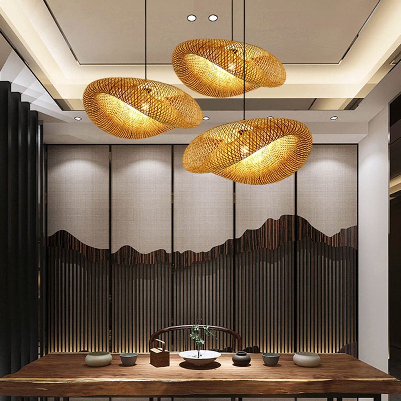 Japanese Style Bamboo Chandelier 1 Light Hanging Pendant Lights Hat Shape Handmade Cardboard Shade Kitchen Lamp