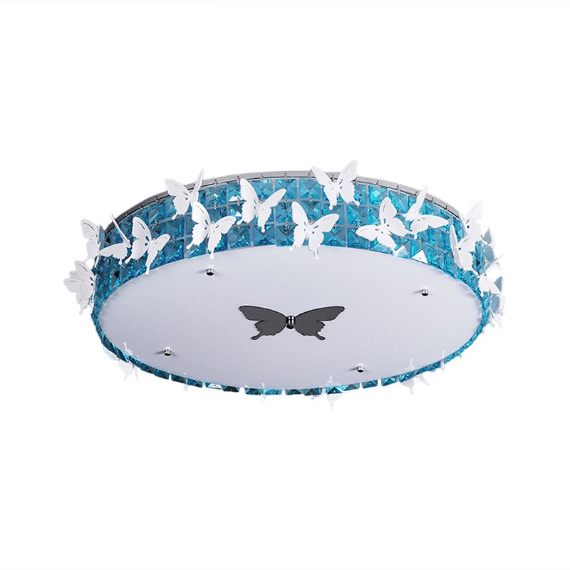 Drum LED Flushmount Lighting Modern Clear/Amber/Lake Blue Crystal Bedroom Ceiling Mounted Fixture with Butterfly Decor, 19.5"/25.5" Wide