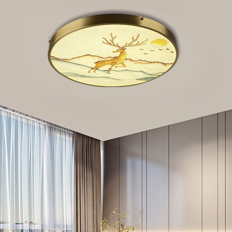 Hand-Paint Glass Round Flush Light Artistic Minimalist LED Ceiling Lighting for Bedroom