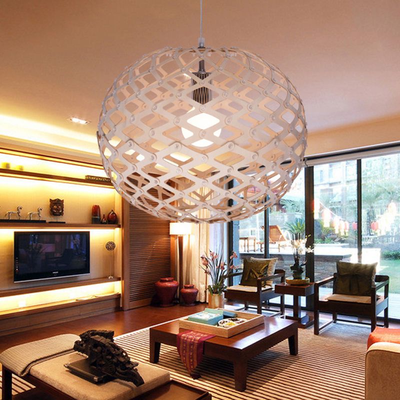 Orb Shade Drop Light Vintage Wood One-Light Living Room Pendant Light Fixture in White