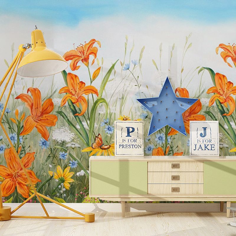 Giant Illustration Fresh Mural Wallpaper for Gallery with Floral Design in Orange and Blue