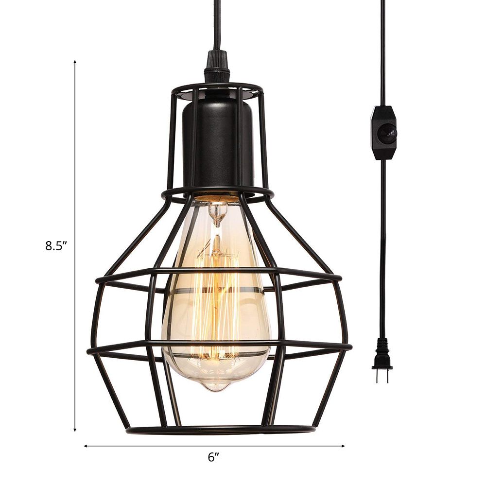 1 Bulb Plug In Suspension Light with Globe Cage Shade Retro Loft Black Metal Hanging Ceiling Light