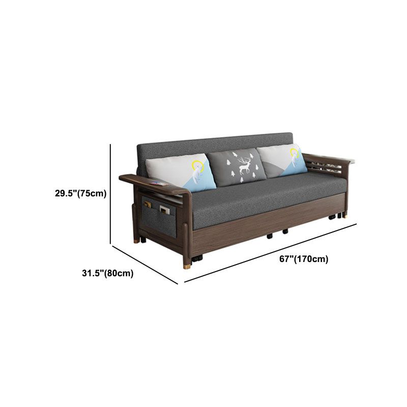 Fabric Sofa Bed with 3 Pillows Solid Wood Sofa in Walnut Finish