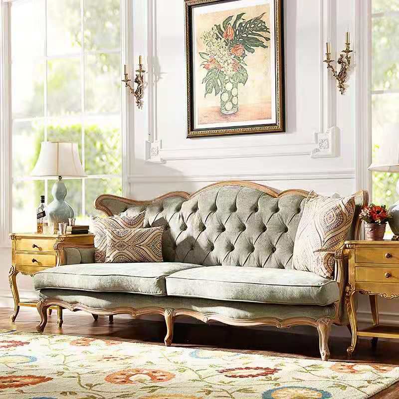 French Country Sofa Wooden Tufted Split-Back Settee for Living Room