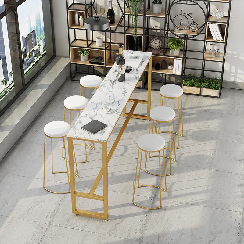 Stone Rectangle Bar Dining Table Contemporary Bar Table with Trestle Base in Gold