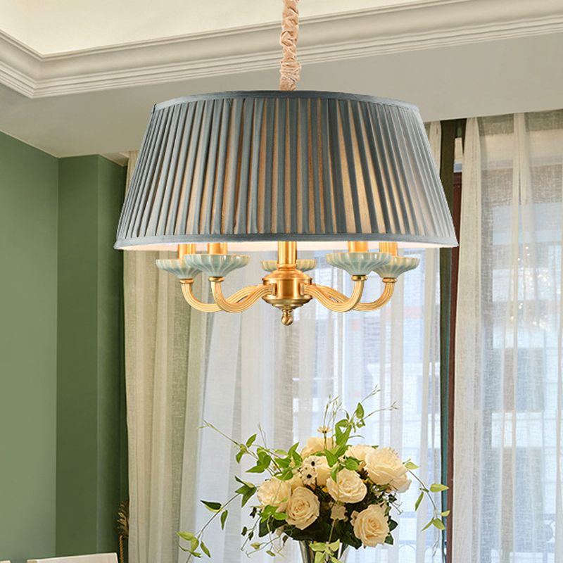 Lampada del tamburo in ottone Plotochi di tamburo in tessuto Rustico 5 teste Sala da pranzo a sospensione Luce a sospensione