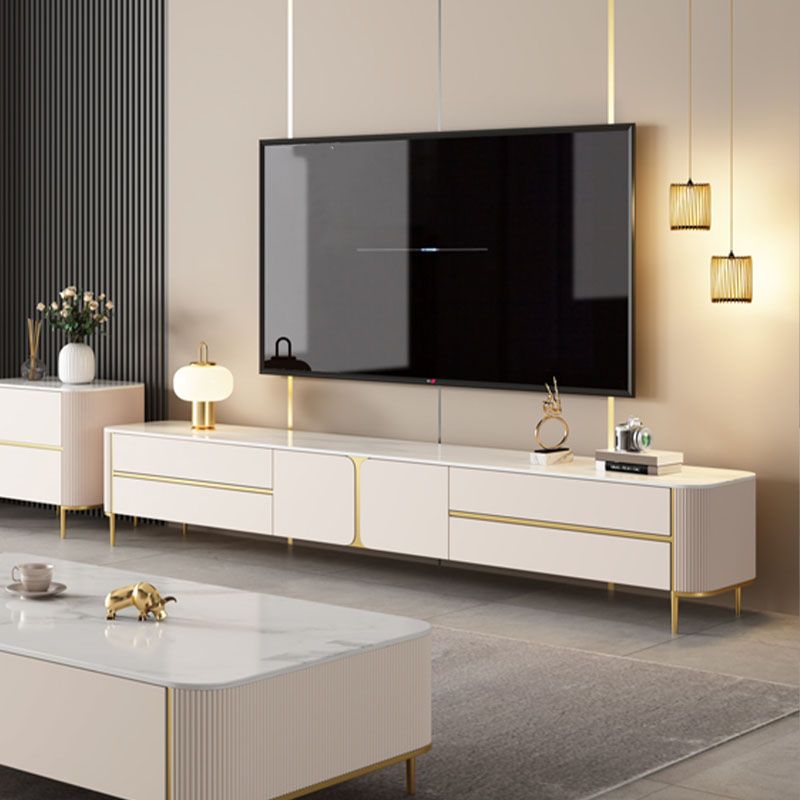 White Stone TV Stand Glam TV Media Stand with Legs for Living Room
