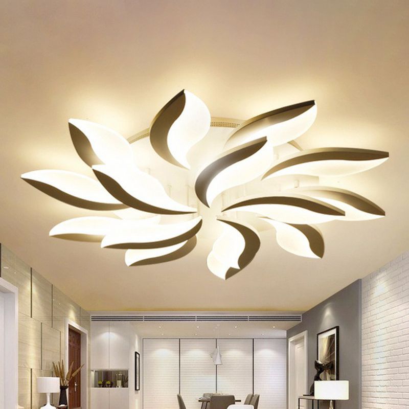 Simple Style Leaf LED Semi Flush Lighting Acrylic Living Room Ceiling Mounted Light Fixture in White