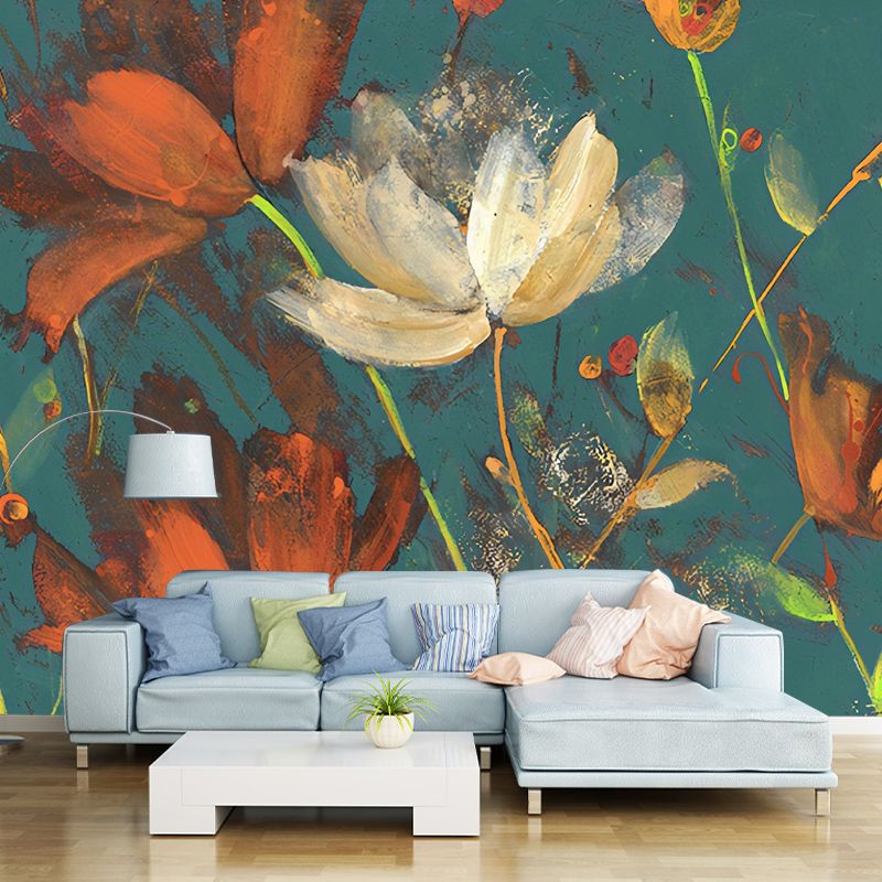 Extra Large Retro Mural Wallpaper in Orange and Green Blossoms Wall Art, Made to Measure