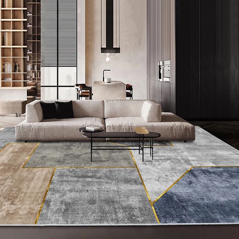 Grey Living Room Rug Modernism Geometric Pattern Rug Polyester Washable Anti-Slip Backing Pet Friendly Carpet